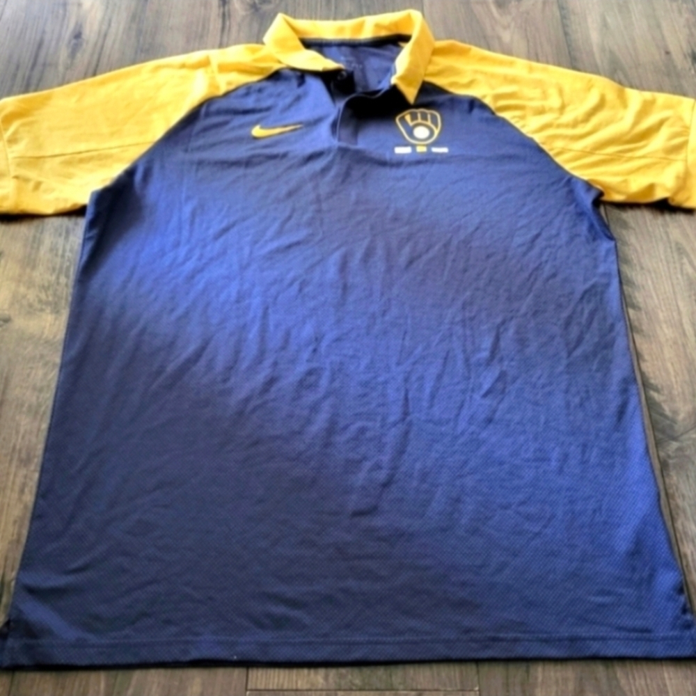 Nike MLB Milwaukee Brewers Blue and Yellow Golf Polo Men Large NWT 102025 - Picture 4 of 9